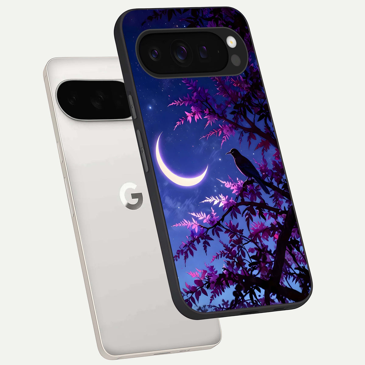  Crow And Moon Scenery phone case For Google Pixel 9 Pro XL showing premium glass back cover with detailed artwork