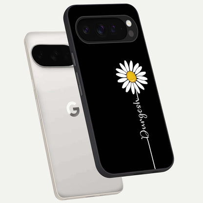  Custom Name White Flower phone case For Google Pixel 9 Pro XL showing premium glass back cover with detailed artwork