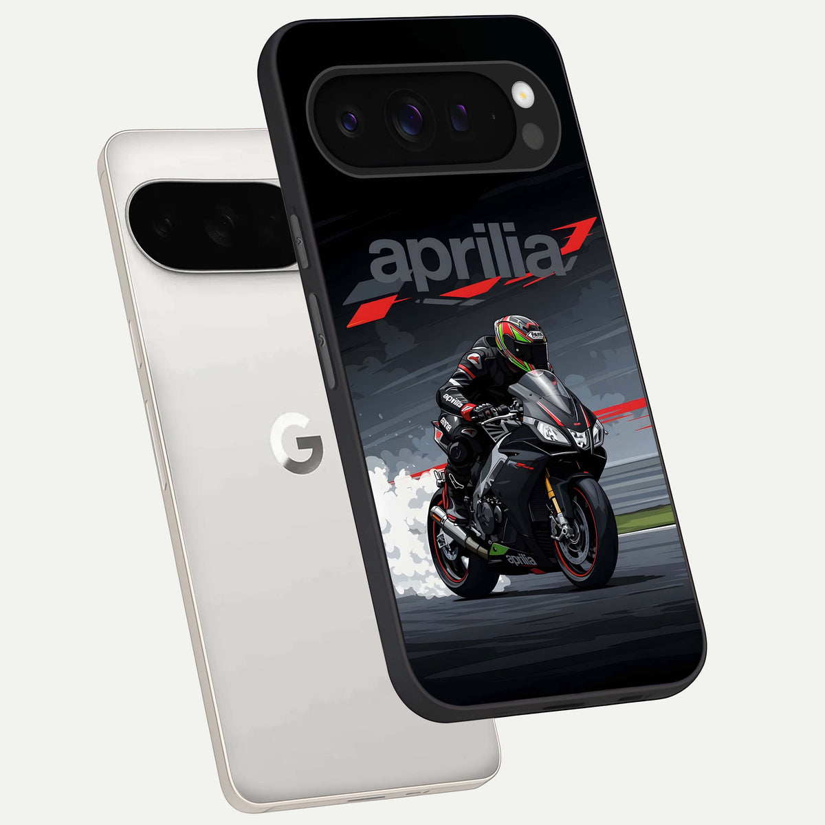  Dark Aprilla phone case For Google Pixel 9 Pro XL showing premium glass back cover with detailed artwork