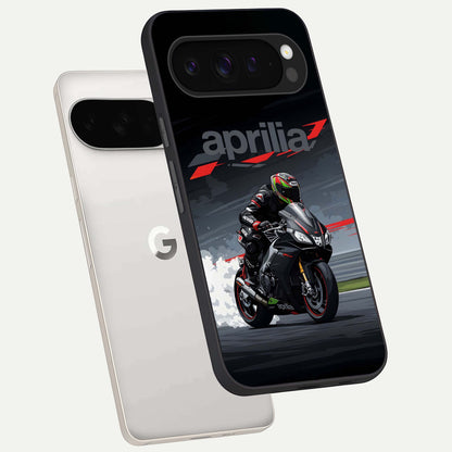  Dark Aprilla phone case For Google Pixel 9 Pro XL showing premium glass back cover with detailed artwork