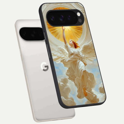  Divine Light Angel phone case For Google Pixel 9 Pro XL showing premium glass back cover with detailed artwork