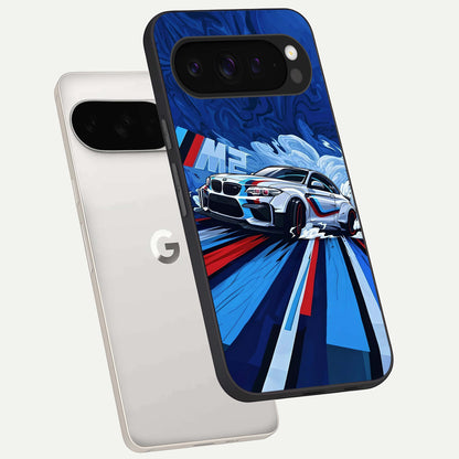  Drift Power Rush phone case For Google Pixel 9 Pro XL showing premium glass back cover with detailed artwork