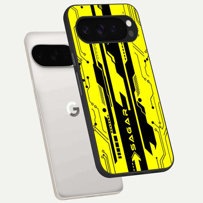 Electric Pulse CYBERPUNK Custom Name phone case For Google Pixel 9 Pro XL showing premium glass back cover with detailed artwork