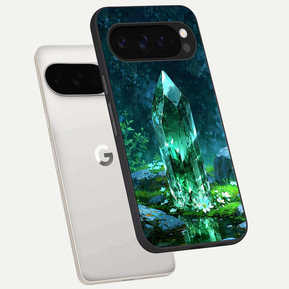  Emerald Light Crystal phone case For Google Pixel 9 Pro XL showing premium glass back cover with detailed artwork