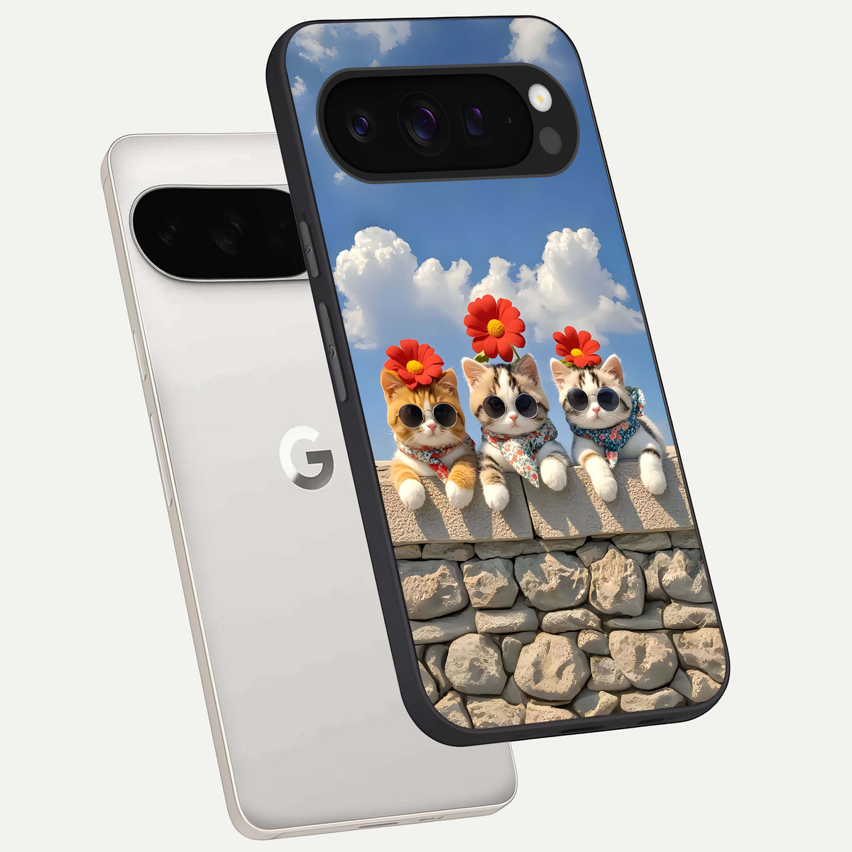  Floral Kitty Squad phone case For Google Pixel 9 Pro XL showing premium glass back cover with detailed artwork