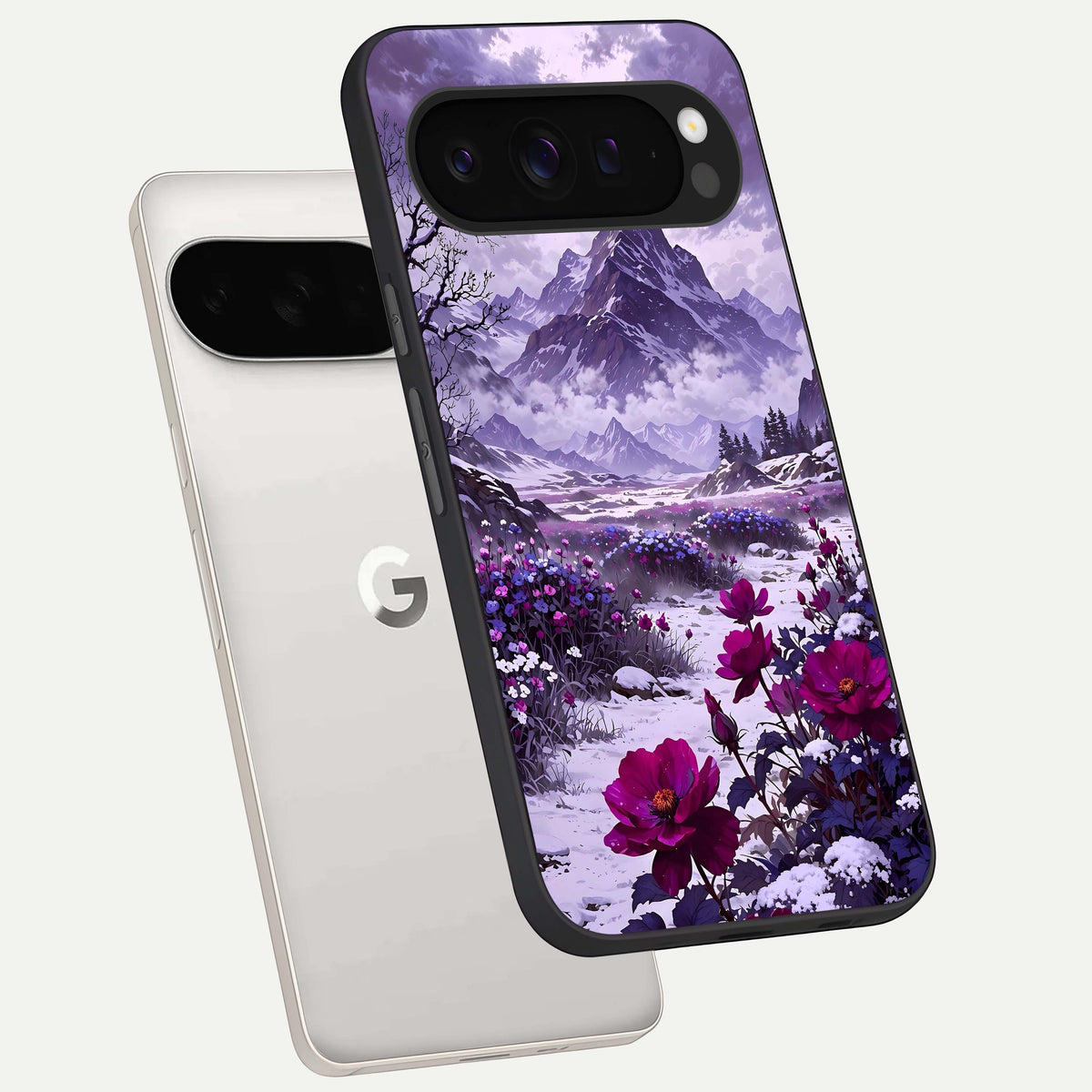  Flower Mountain View phone case For Google Pixel 9 Pro XL showing premium glass back cover with detailed artwork