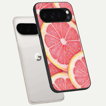  Glitter Grapefruit phone case For Google Pixel 9 Pro XL showing premium glass back cover with detailed artwork