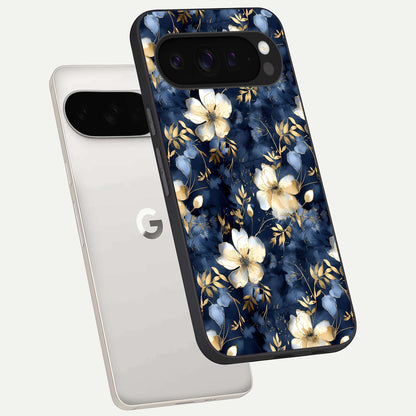  Golden Midnight Bloom phone case For Google Pixel 9 Pro XL showing premium glass back cover with detailed artwork