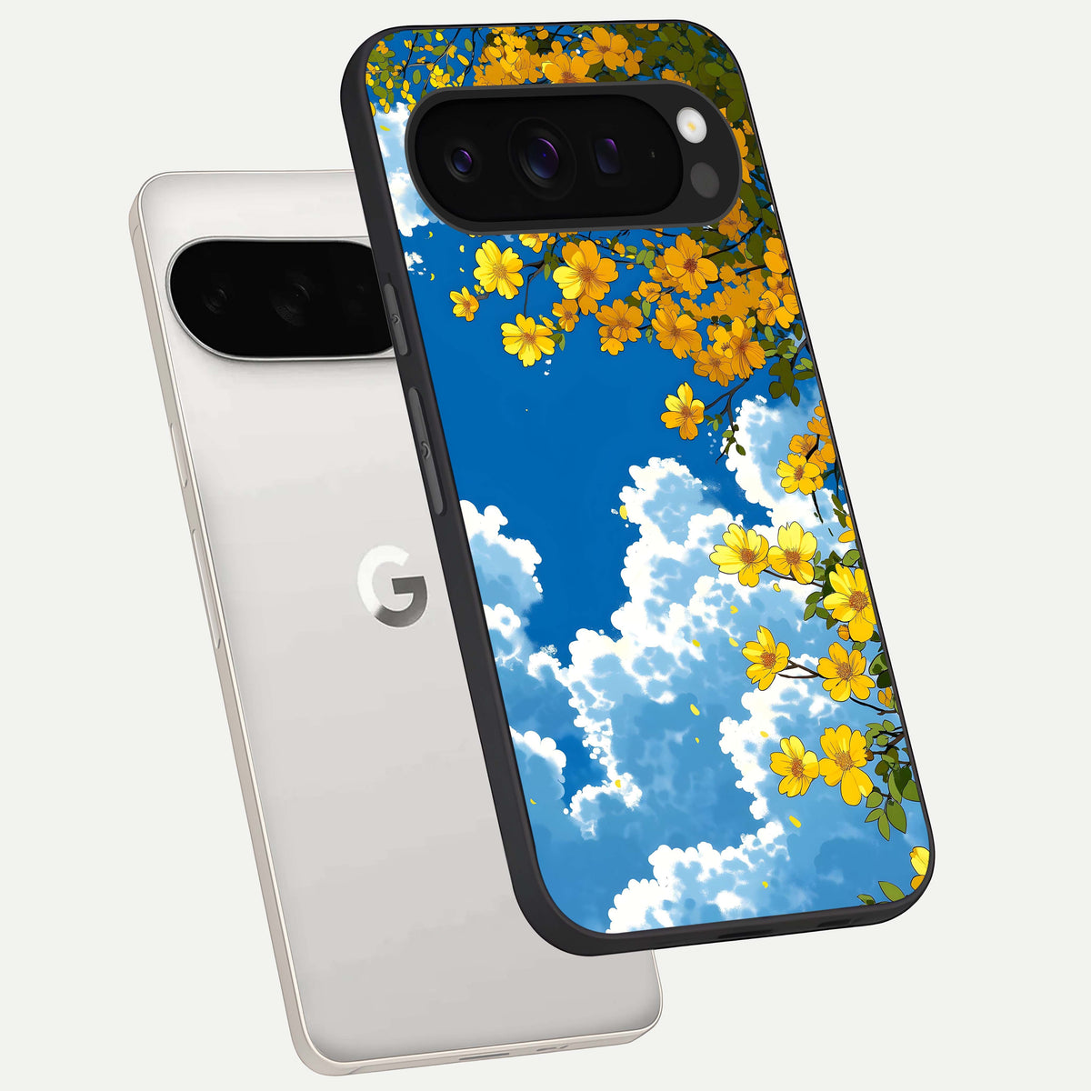  Golden Petal Sky phone case For Google Pixel 9 Pro XL showing premium glass back cover with detailed artwork