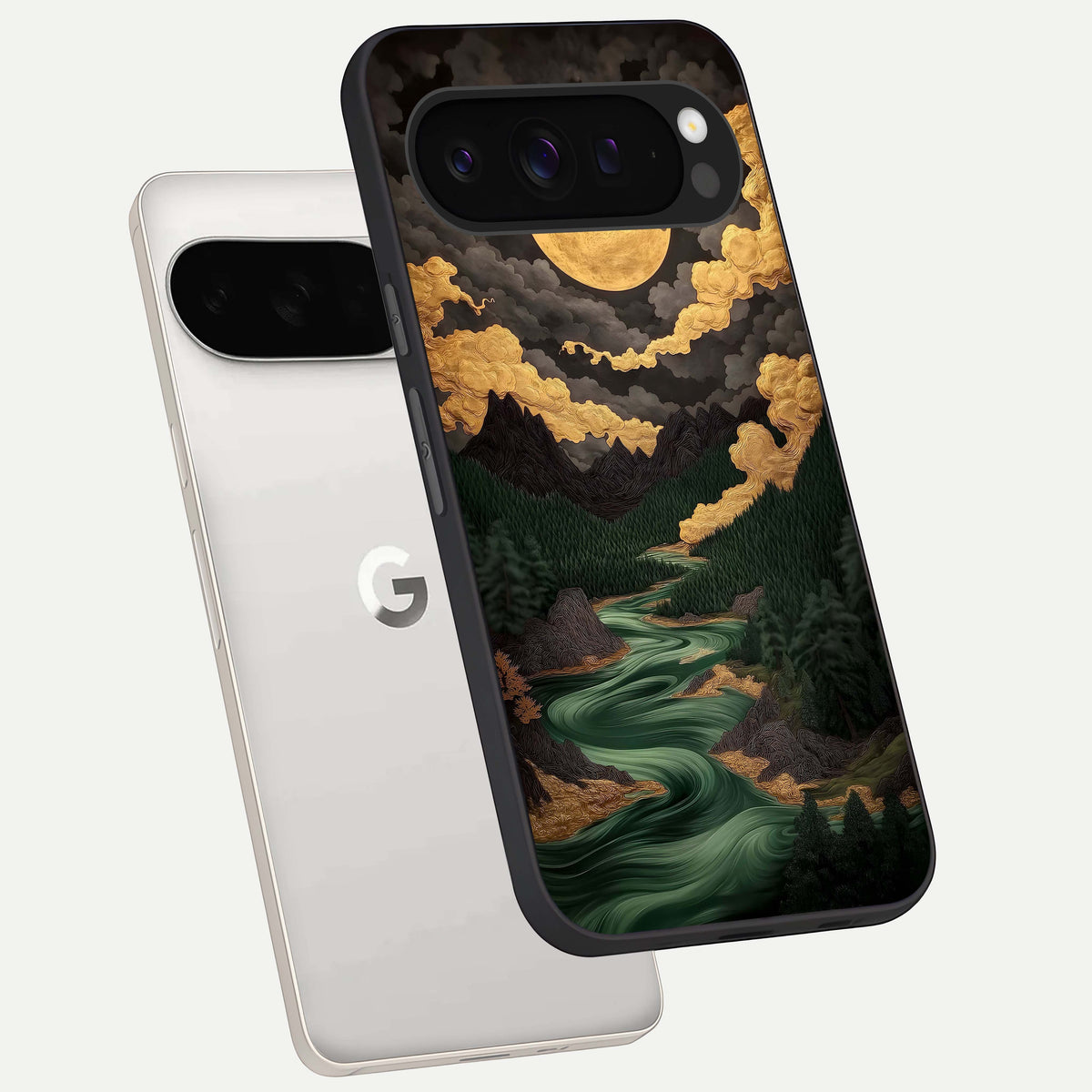  Golden River Moon phone case For Google Pixel 9 Pro XL showing premium glass back cover with detailed artwork