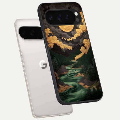  Golden River Moon phone case For Google Pixel 9 Pro XL showing premium glass back cover with detailed artwork