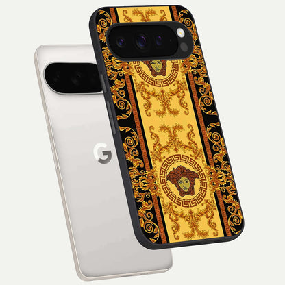  Golden Royal Heritage phone case For Google Pixel 9 Pro XL showing premium glass back cover with detailed artwork