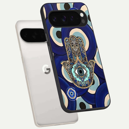  Hamsa Divine Guard phone case For Google Pixel 9 Pro XL showing premium glass back cover with detailed artwork
