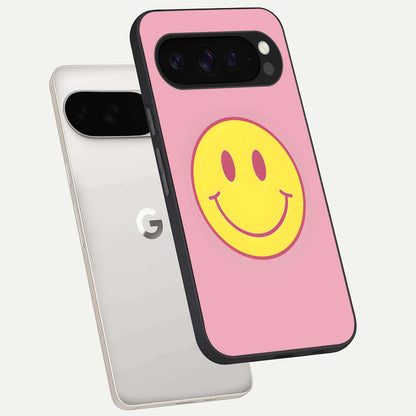  Happy Pink Mood phone case For Google Pixel 9 Pro XL showing premium glass back cover with detailed artwork