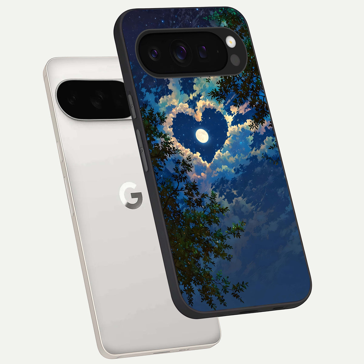  Heart With Moon Sky phone case For Google Pixel 9 Pro XL showing premium glass back cover with detailed artwork
