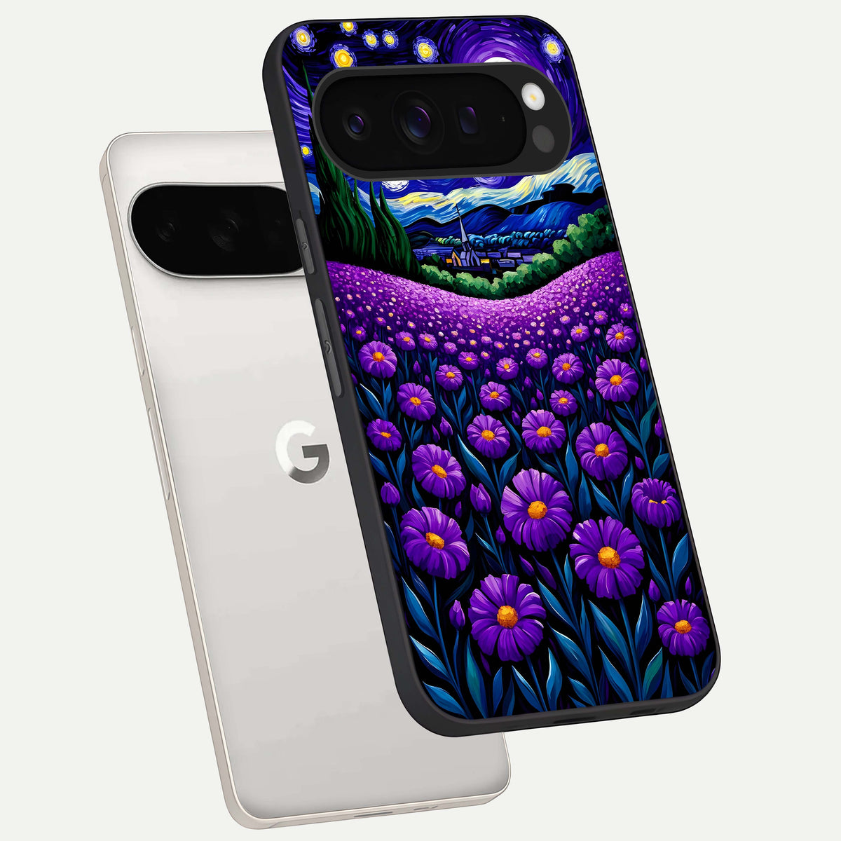  Lavender Moon Field phone case For Google Pixel 9 Pro XL showing premium glass back cover with detailed artwork