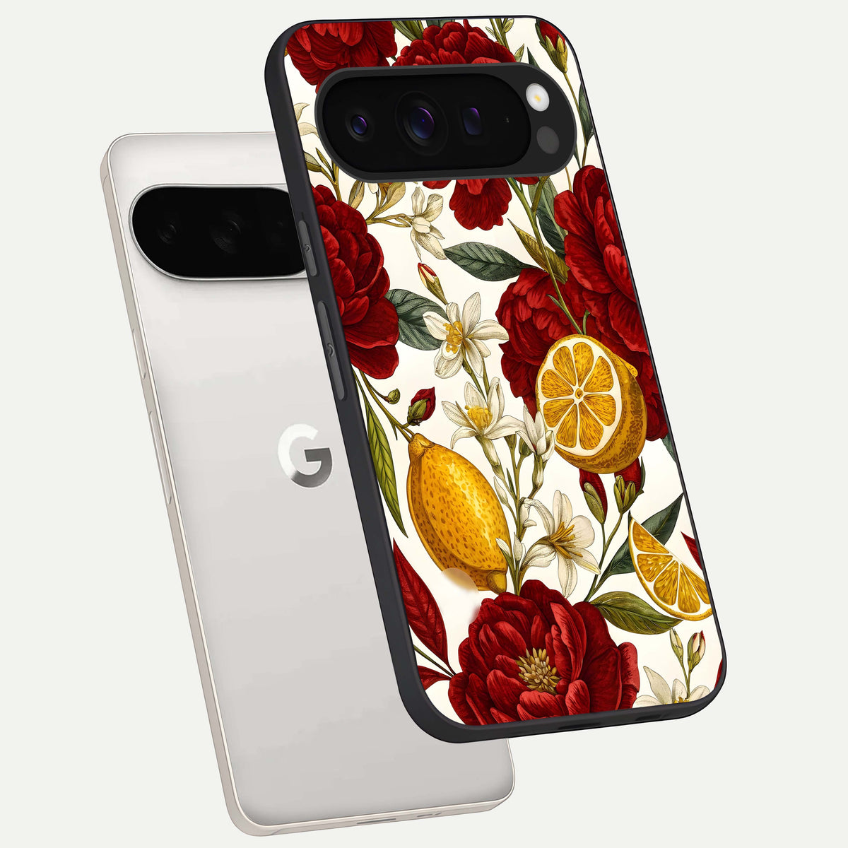 Lemon Rose Charm phone case For Google Pixel 9 Pro XL showing premium glass back cover with detailed artwork