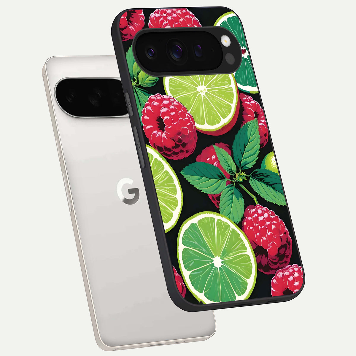  Lime and Raspberry Pattern phone case For Google Pixel 9 Pro XL showing premium glass back cover with detailed artwork