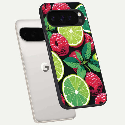  Lime and Raspberry Pattern phone case For Google Pixel 9 Pro XL showing premium glass back cover with detailed artwork