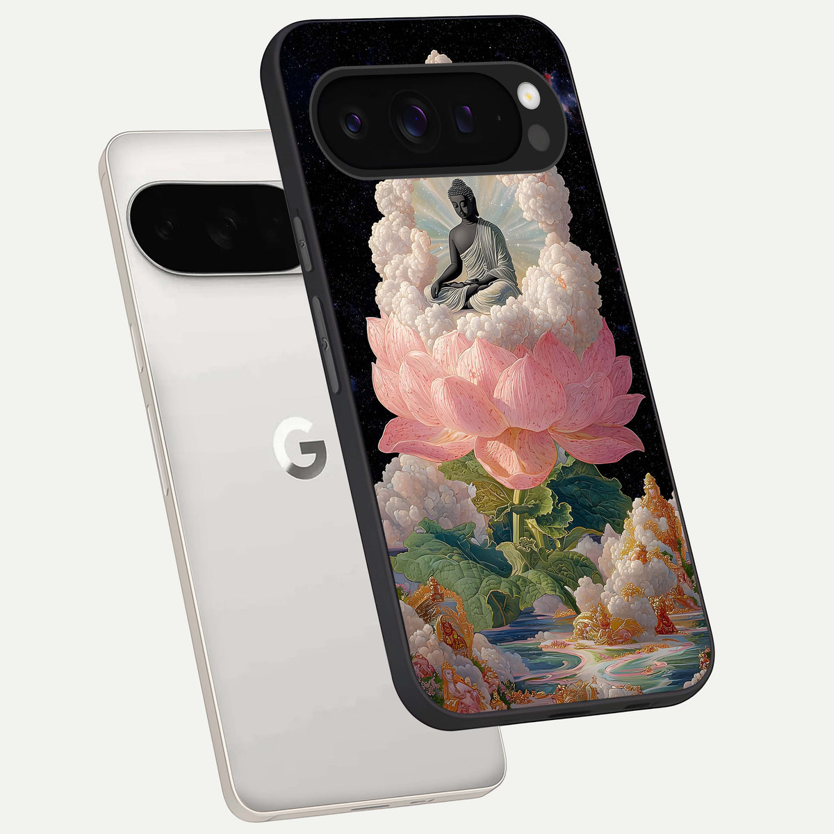  Lotus Divine Peace phone case For Google Pixel 9 Pro XL showing premium glass back cover with detailed artwork