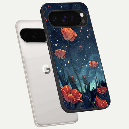  Midnight Tulip Glow phone case For Google Pixel 9 Pro XL showing premium glass back cover with detailed artwork