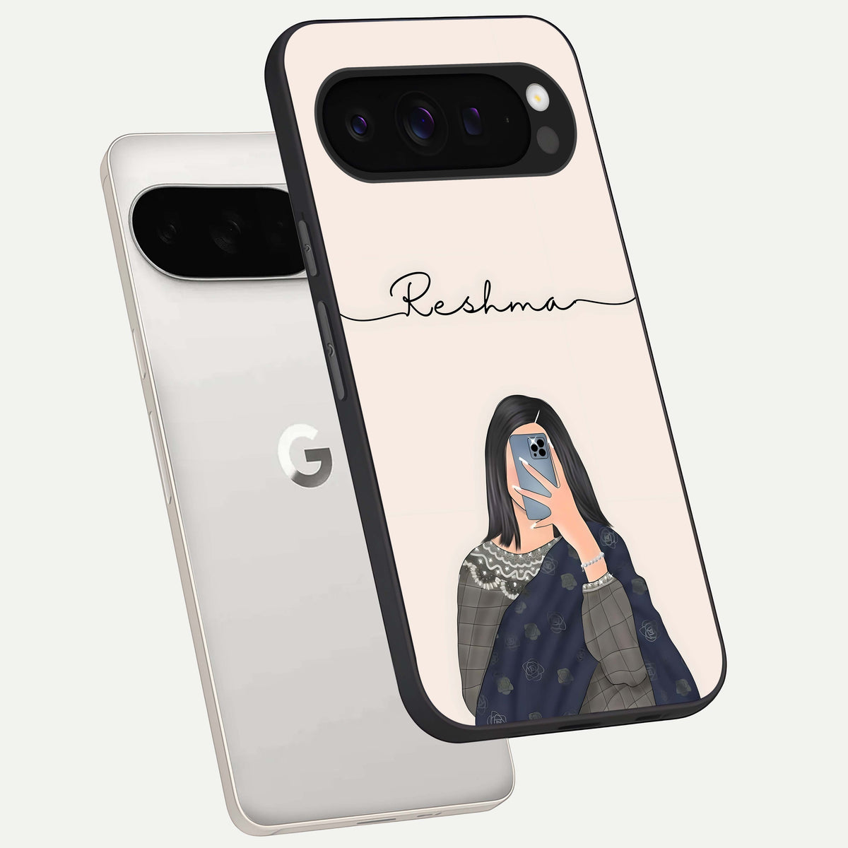  Mirror Mood Muse With Custom Name phone case For Google Pixel 9 Pro XL showing premium glass back cover with detailed artwork