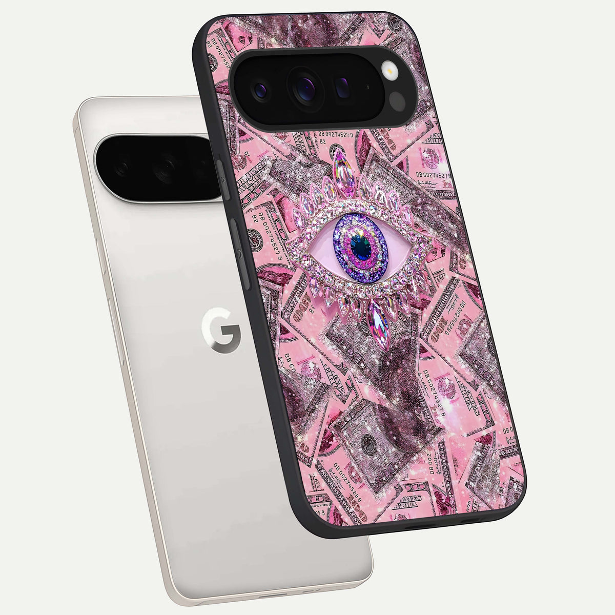  Money Eye Luxe phone case For Google Pixel 9 Pro XL showing premium glass back cover with detailed artwork