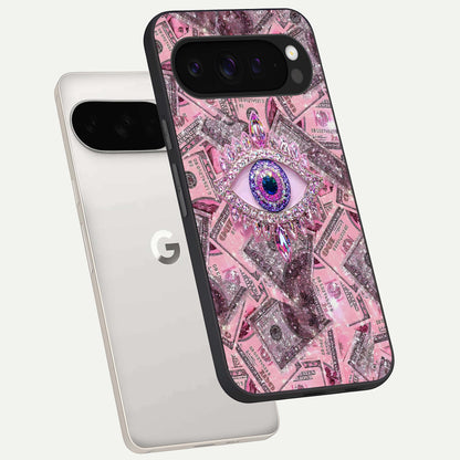  Money Eye Luxe phone case For Google Pixel 9 Pro XL showing premium glass back cover with detailed artwork