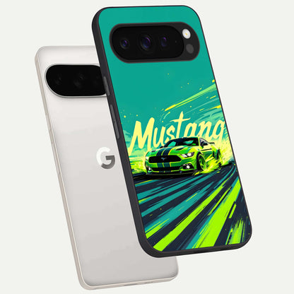  Mustang Bang phone case For Google Pixel 9 Pro XL showing premium glass back cover with detailed artwork