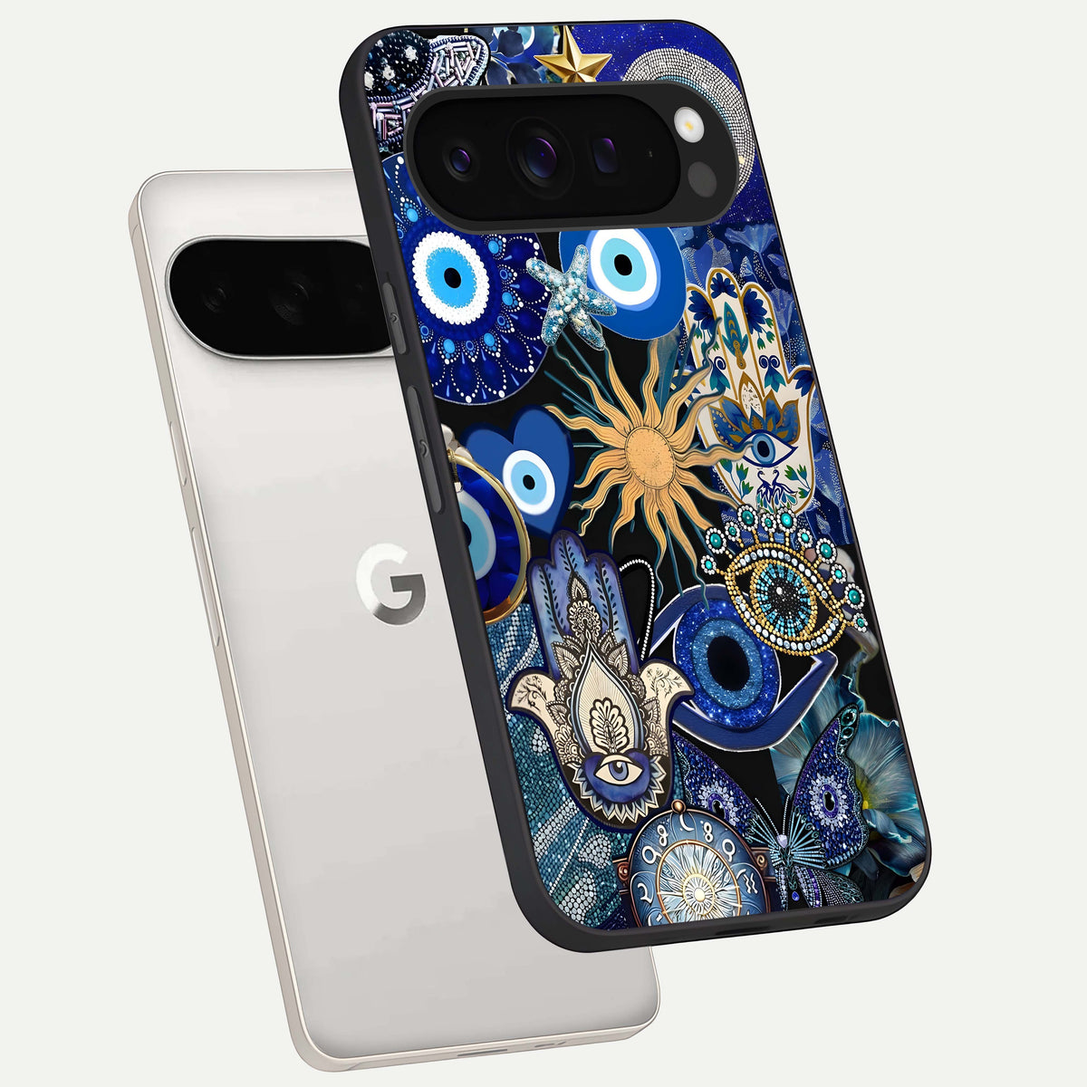  Mystic Blue Evil Eye phone case For Google Pixel 9 Pro XL showing premium glass back cover with detailed artwork