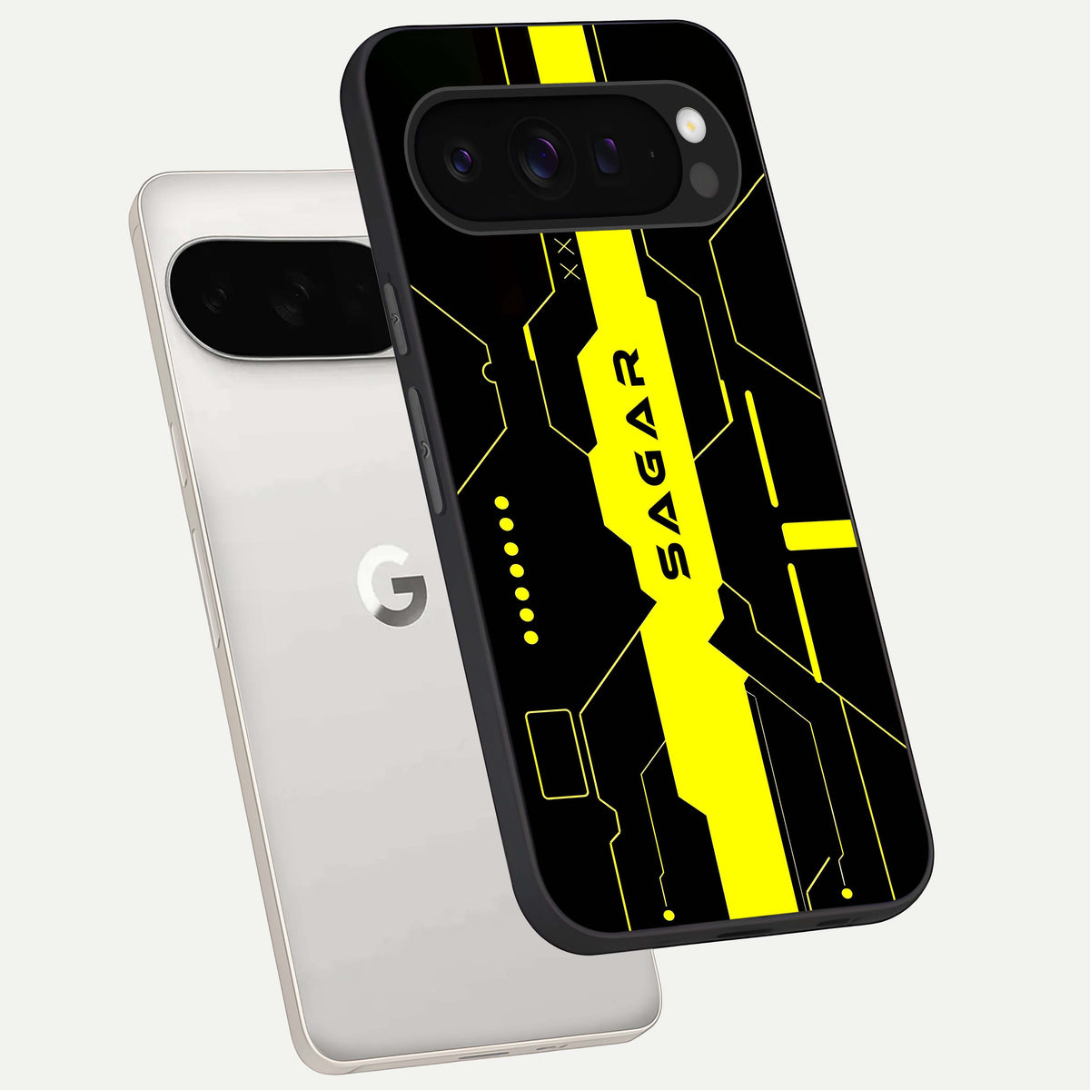  Neon CYBERPUNK Custom Name phone case For Google Pixel 9 Pro XL showing premium glass back cover with detailed artwork