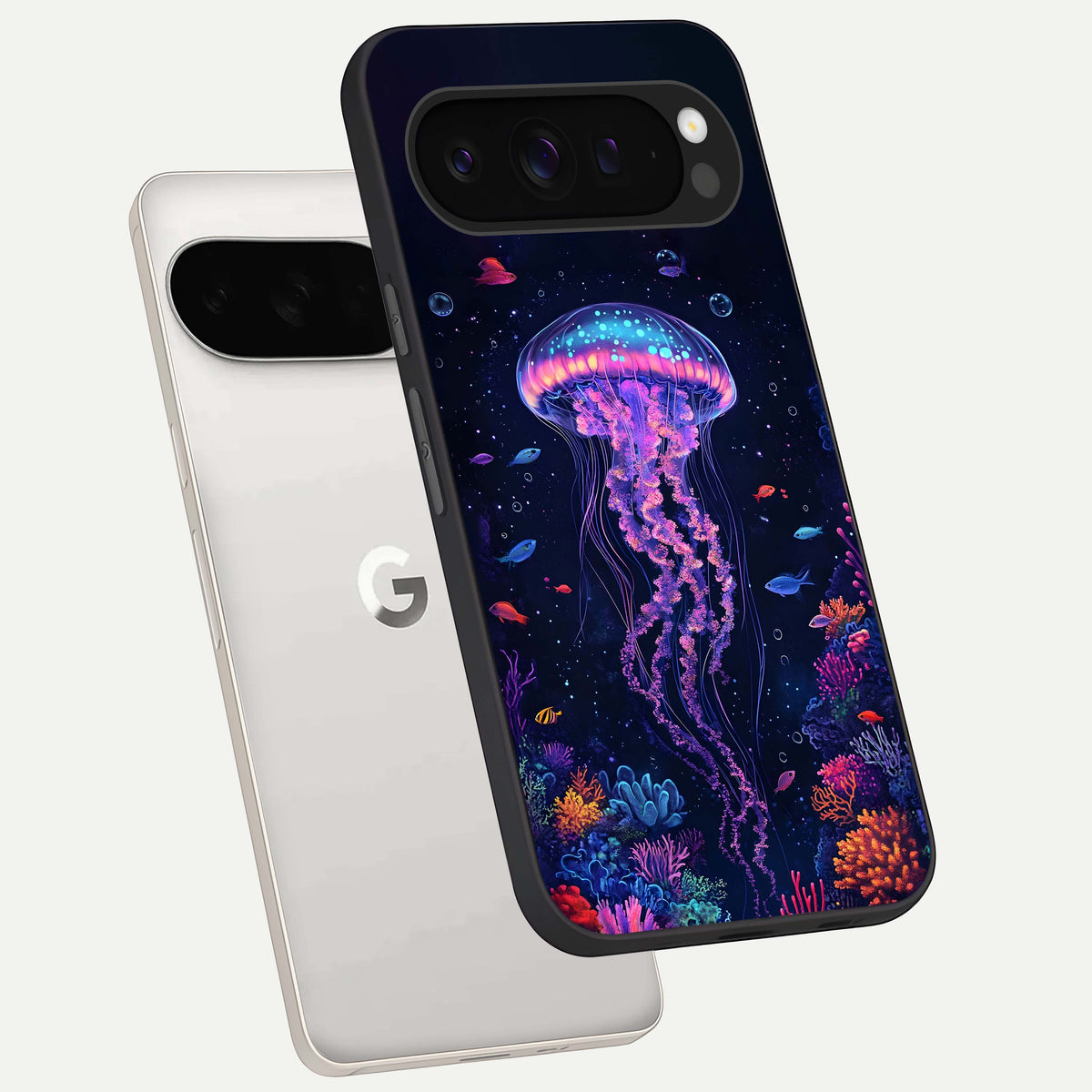  Neon Jellyfish phone case For Google Pixel 9 Pro XL showing premium glass back cover with detailed artwork