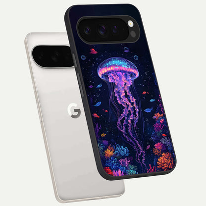  Neon Jellyfish phone case For Google Pixel 9 Pro XL showing premium glass back cover with detailed artwork