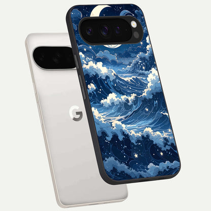  Ocean Moon Waves phone case For Google Pixel 9 Pro XL showing premium glass back cover with detailed artwork