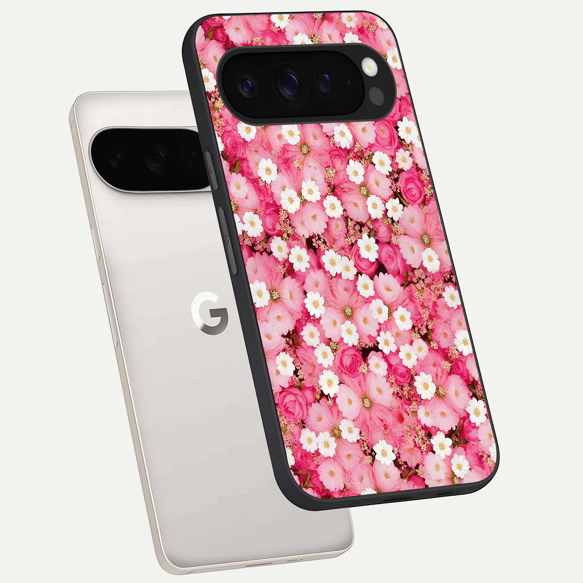  Pink Daisy Bliss phone case For Google Pixel 9 Pro XL showing premium glass back cover with detailed artwork