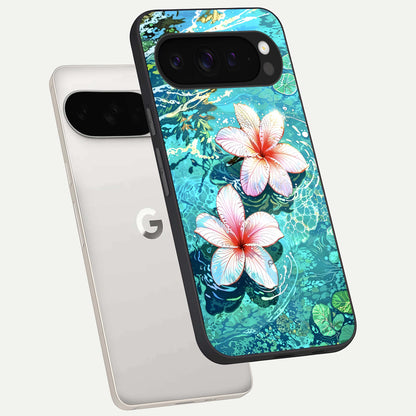  Pink Flowers in Water phone case For Google Pixel 9 Pro XL showing premium glass back cover with detailed artwork