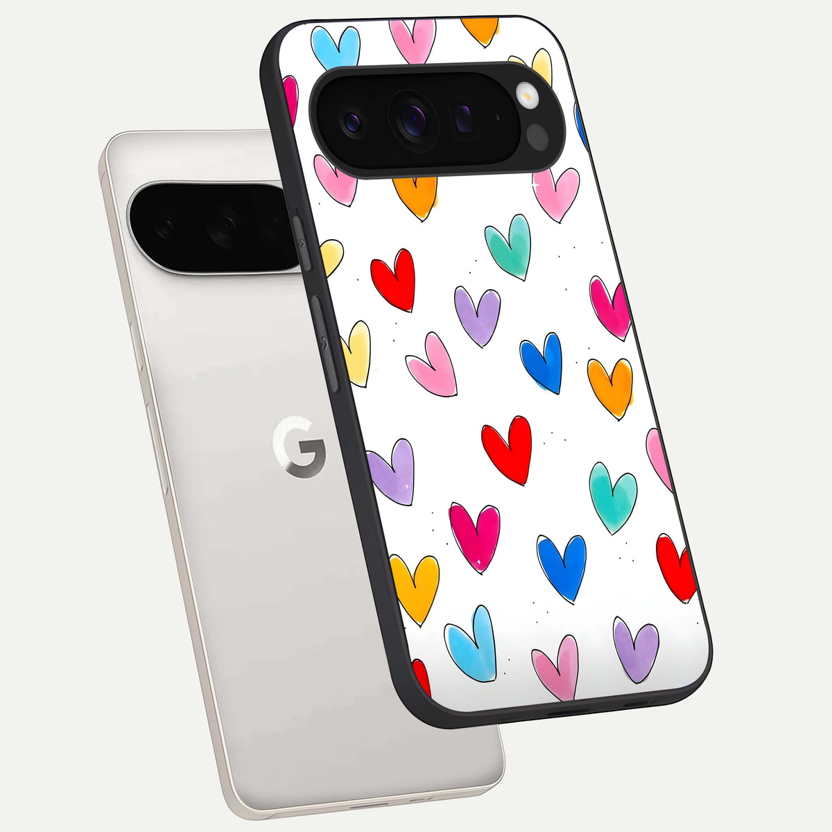  Playful Love Doodles phone case For Google Pixel 9 Pro XL showing premium glass back cover with detailed artwork