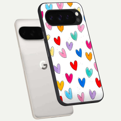  Playful Love Doodles phone case For Google Pixel 9 Pro XL showing premium glass back cover with detailed artwork