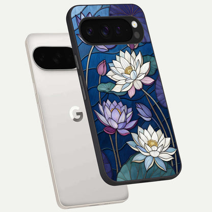  Purple Lotus Stained phone case For Google Pixel 9 Pro XL showing premium glass back cover with detailed artwork