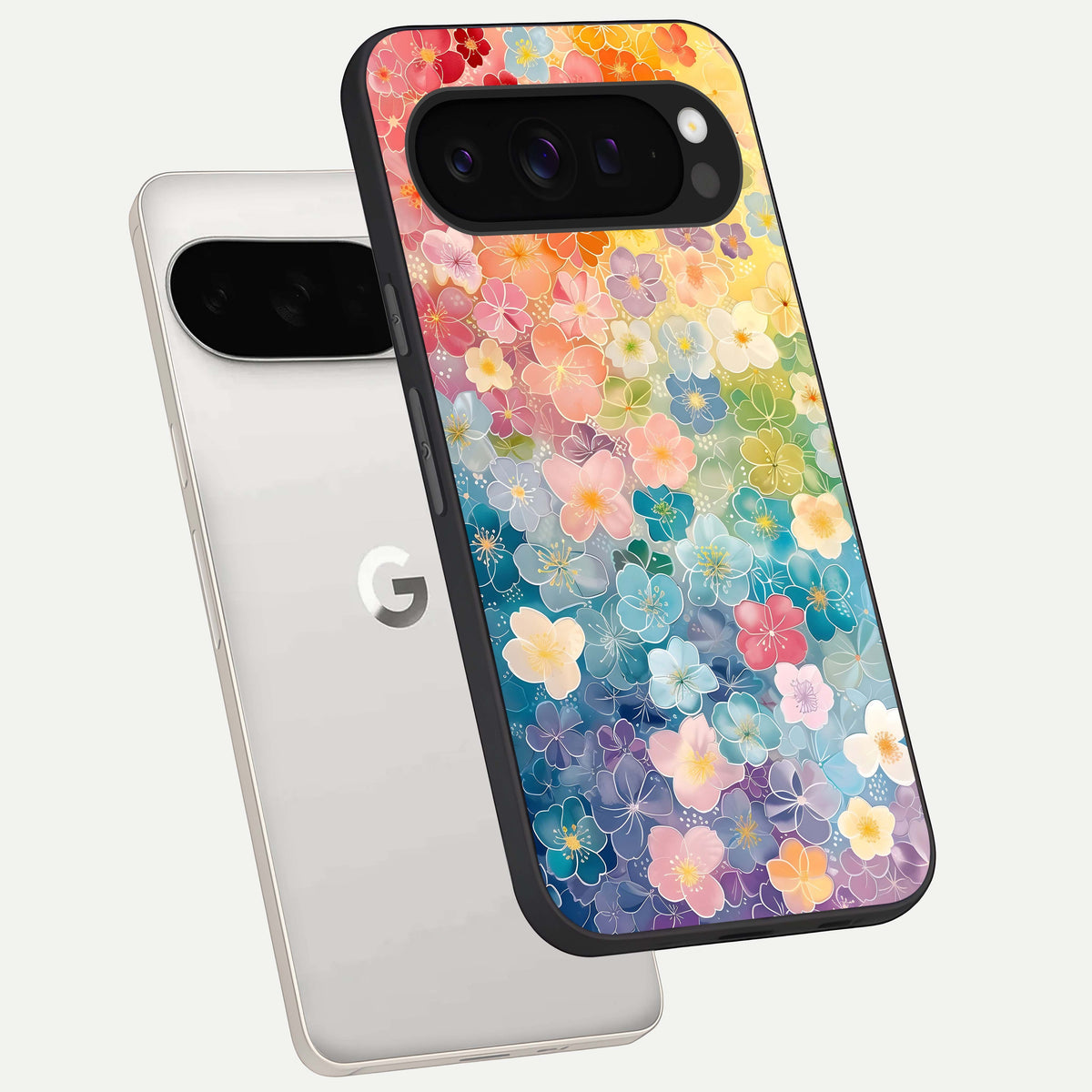  Rainbow Blossom Burst phone case For Google Pixel 9 Pro XL showing premium glass back cover with detailed artwork