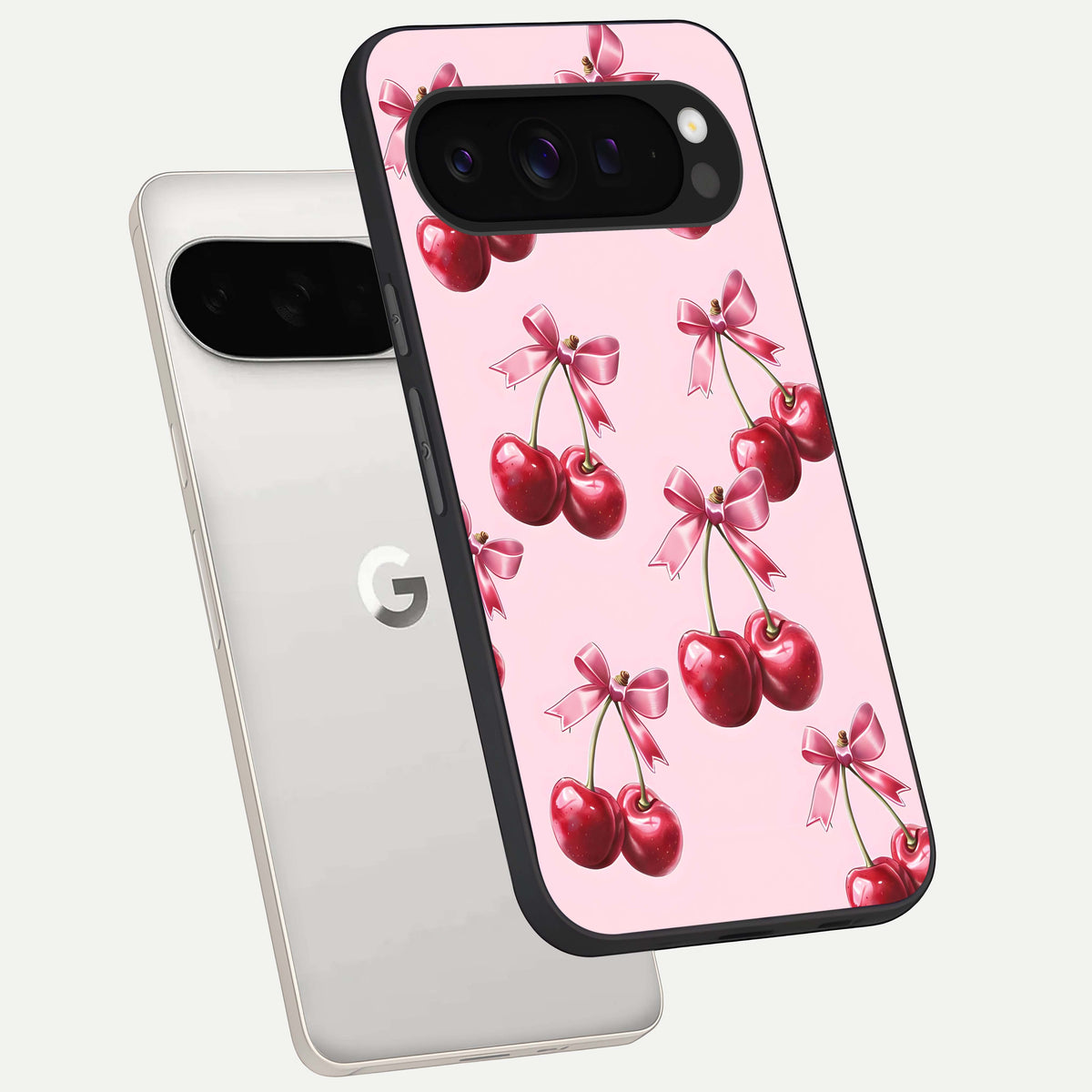 Red Cherries Pattern phone case For Google Pixel 9 Pro XL showing premium glass back cover with detailed artwork