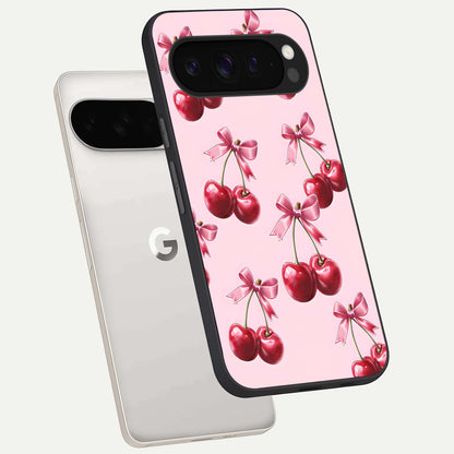  Red Cherries Pattern phone case For Google Pixel 9 Pro XL showing premium glass back cover with detailed artwork