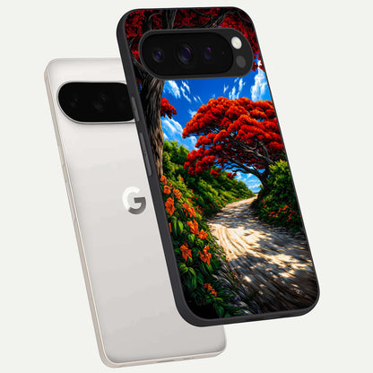  Red Trees Pathway phone case For Google Pixel 9 Pro XL showing premium glass back cover with detailed artwork