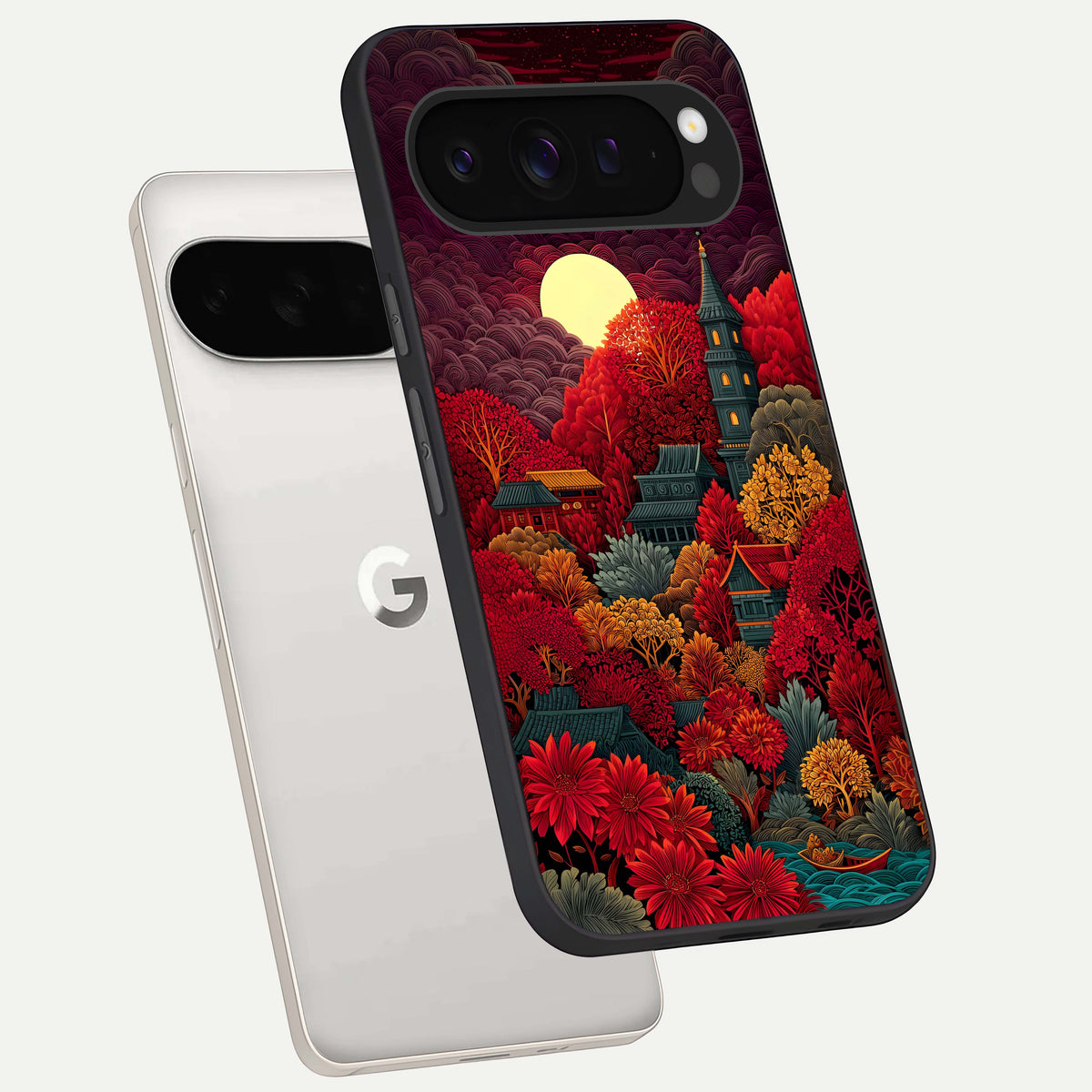  Scarlet Autumn Temple phone case For Google Pixel 9 Pro XL showing premium glass back cover with detailed artwork