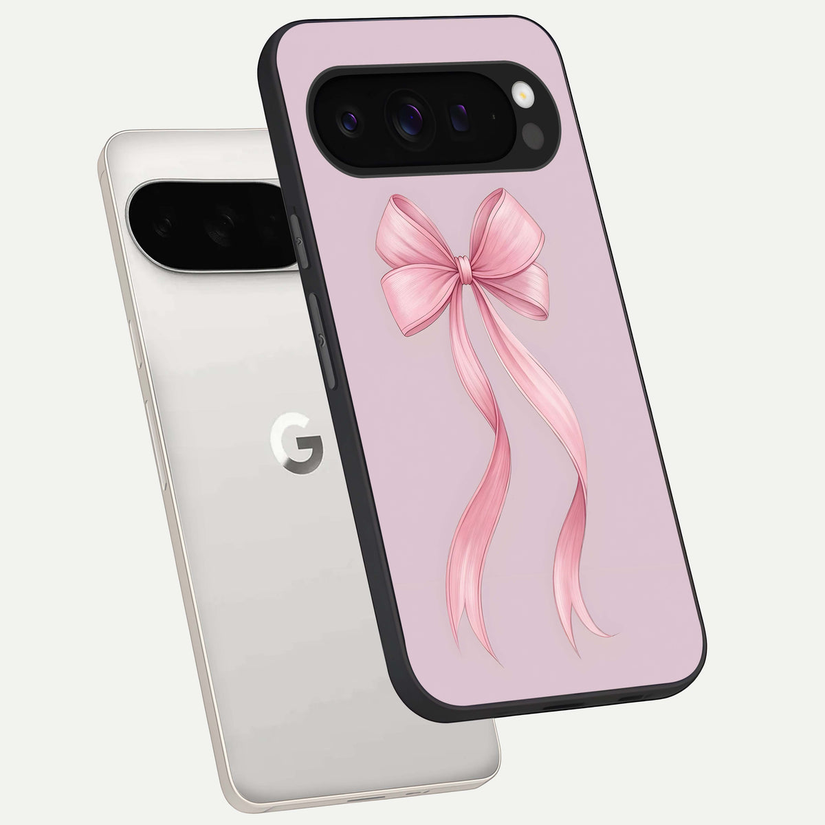  Soft Blush Bow phone case For Google Pixel 9 Pro XL showing premium glass back cover with detailed artwork