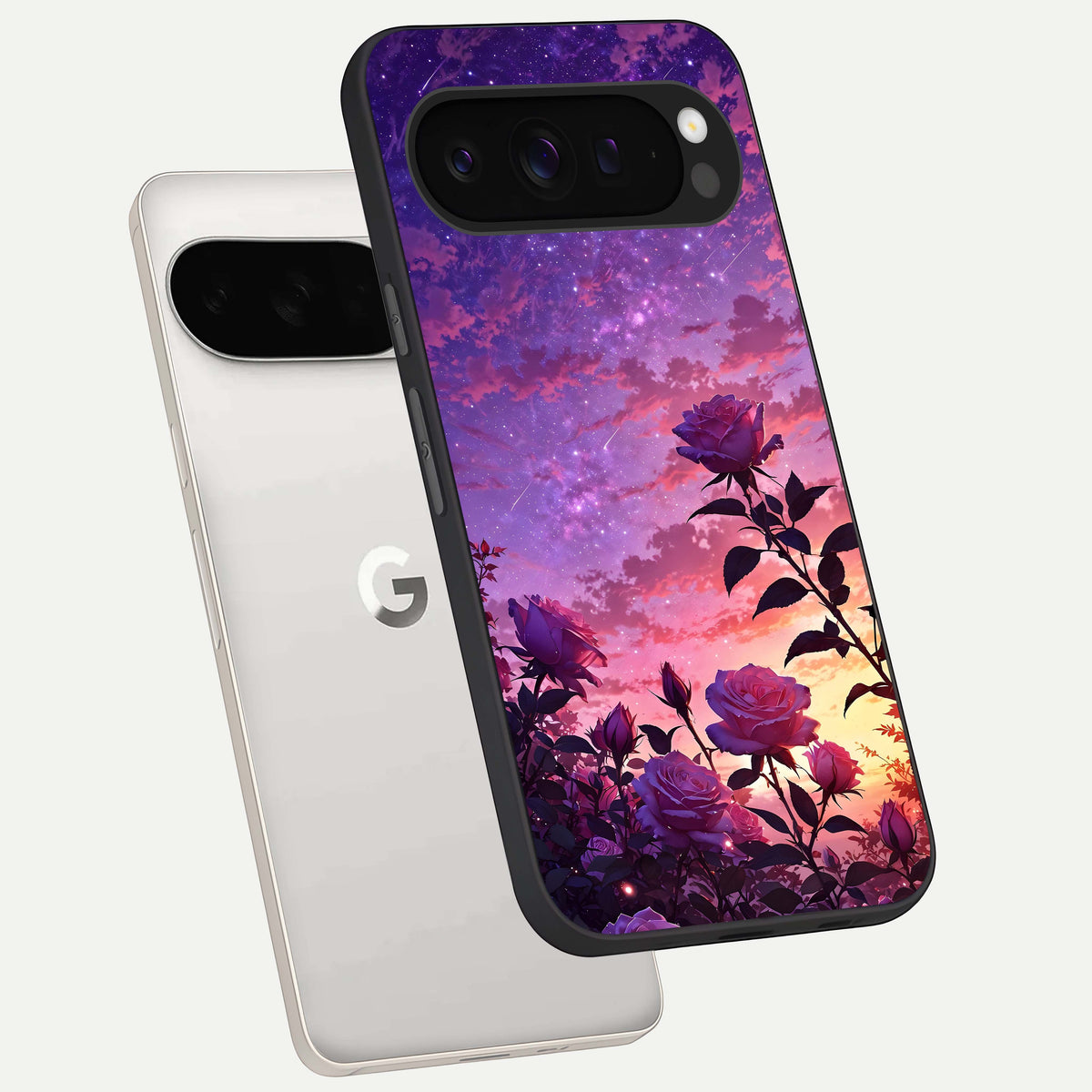  Starlit Rose Twilight phone case For Google Pixel 9 Pro XL showing premium glass back cover with detailed artwork