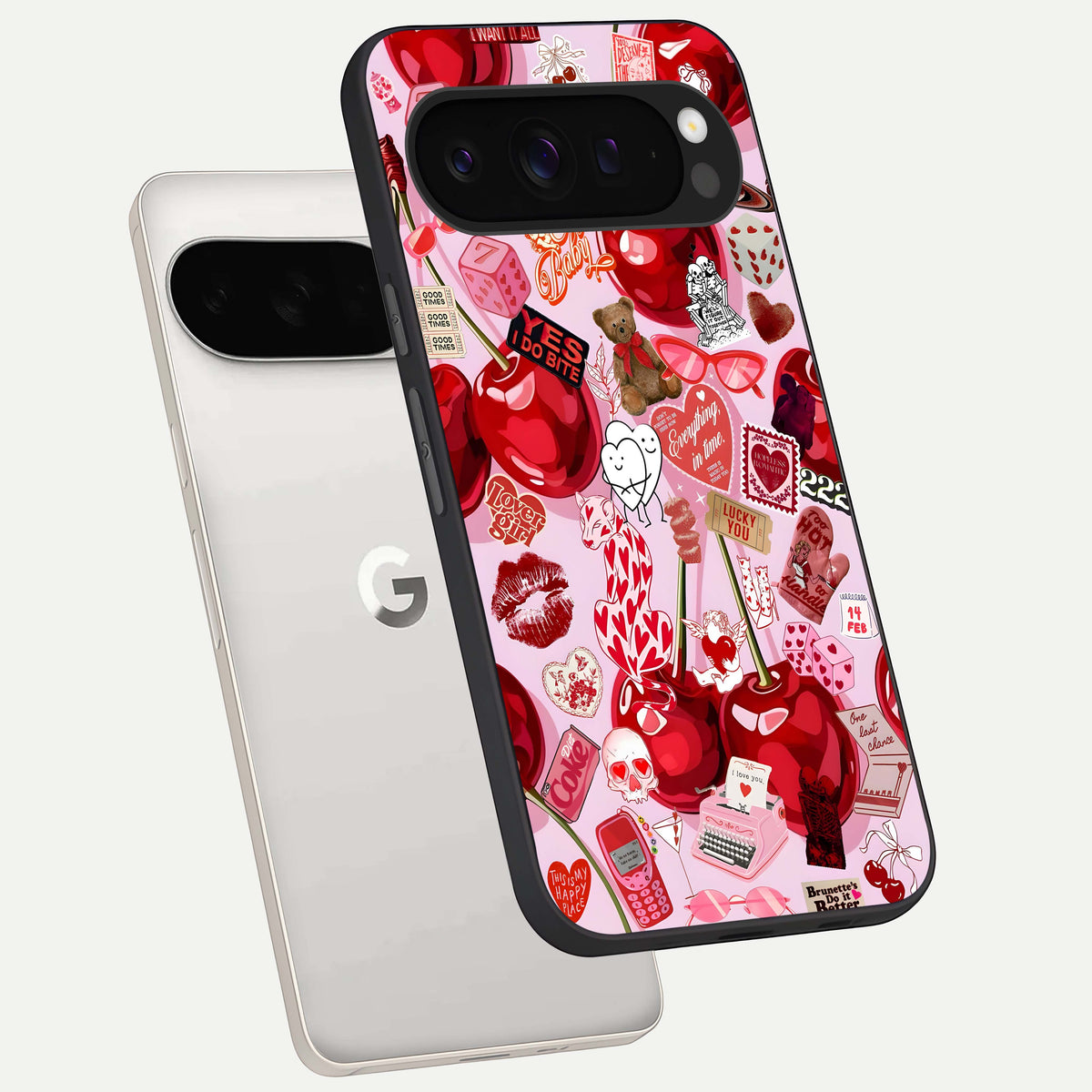  Sweet Cherry Chaos phone case For Google Pixel 9 Pro XL showing premium glass back cover with detailed artwork