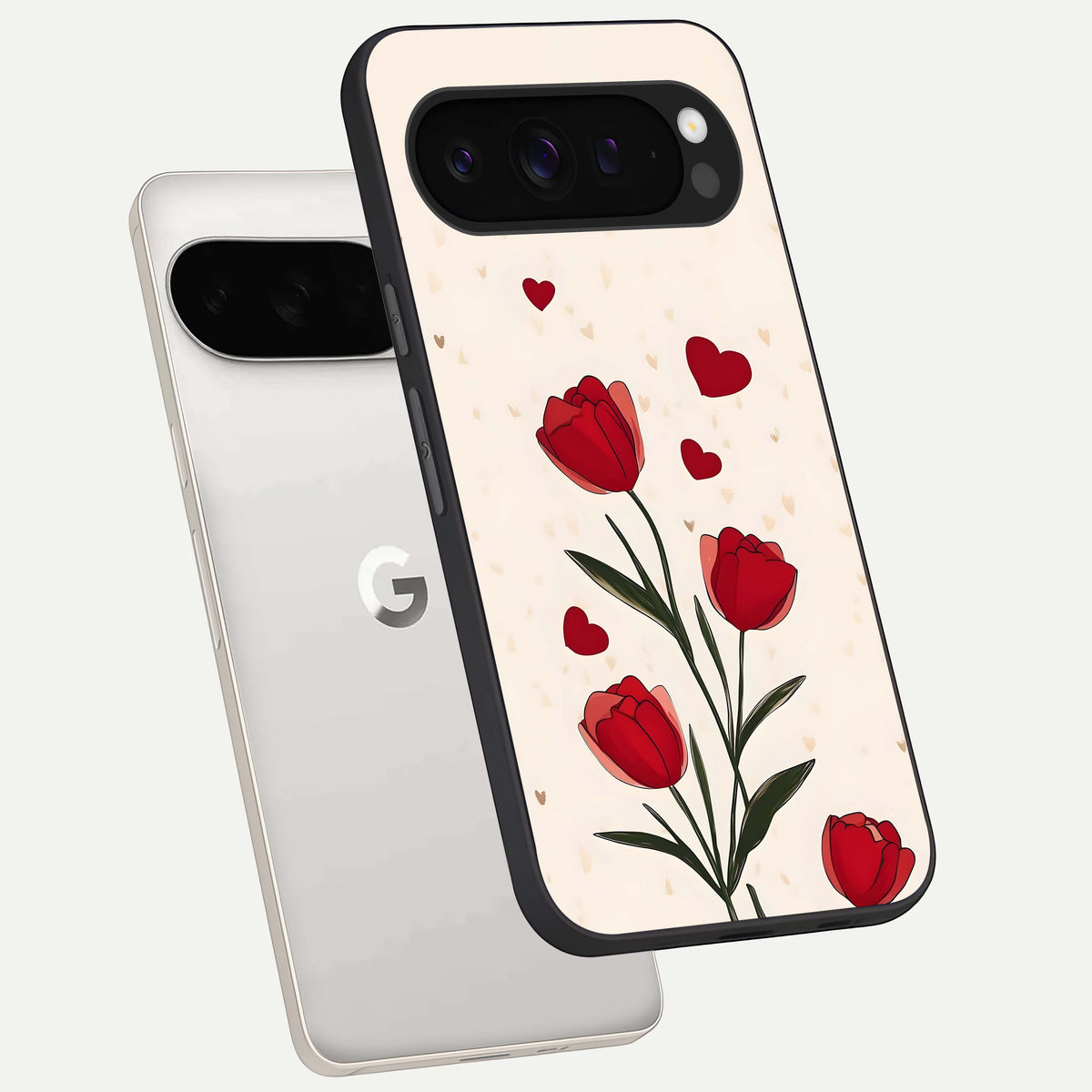  Tulip With Heart phone case For Google Pixel 9 Pro XL showing premium glass back cover with detailed artwork