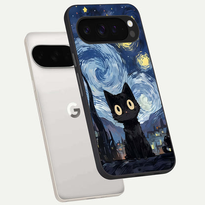  Van Gogh Cat phone case For Google Pixel 9 Pro XL showing premium glass back cover with detailed artwork