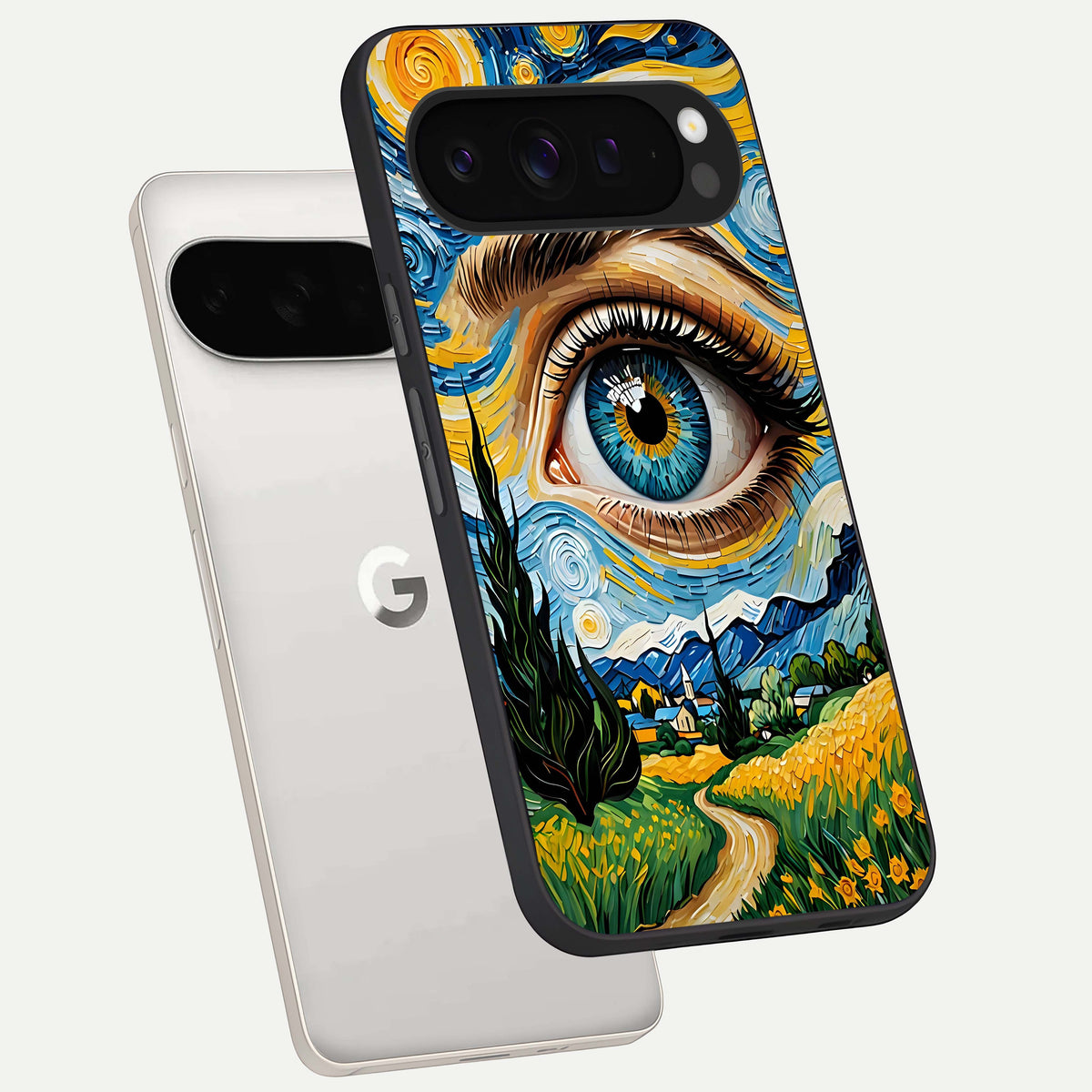  Van Gogh Eye phone case For Google Pixel 9 Pro XL showing premium glass back cover with detailed artwork